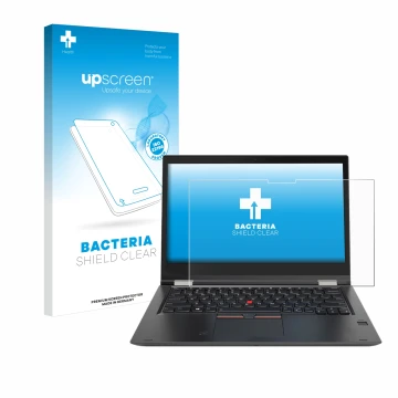 Parte frontal de un envase de producto con el logotipo de la marca upscreen. Al lado se muestra el dispositivo Lenovo ThinkPad