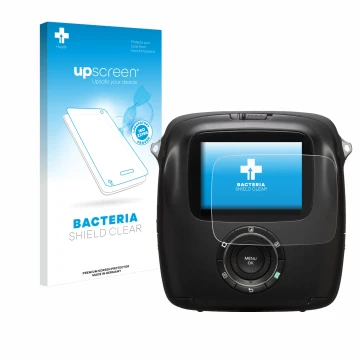 Parte frontal de un envase de producto con el logotipo de la marca upscreen. Al lado se muestra el dispositivo Fujifilm Instax