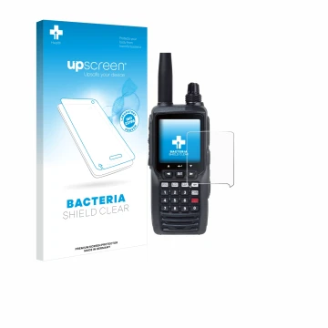 Parte frontal de un envase de producto con el logotipo de la marca upscreen. Al lado se muestra el dispositivo Yaesu FTA-450 c