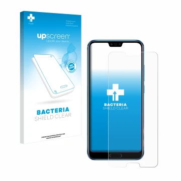 Parte frontal de un envase de producto con el logotipo de la marca upscreen. Al lado se muestra el dispositivo Honor 10 con su