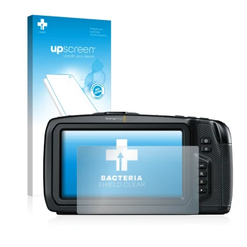 Parte frontal de un envase de producto con el logotipo de la marca upscreen. Al lado se muestra el dispositivo Blackmagic Pock