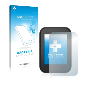 Parte frontal de un envase de producto con el logotipo de la marca upscreen. Al lado se muestra el dispositivo Garmin Approach