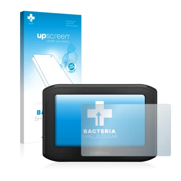 Parte frontal de un envase de producto con el logotipo de la marca upscreen. Al lado se muestra el dispositivo Garmin zumo 396