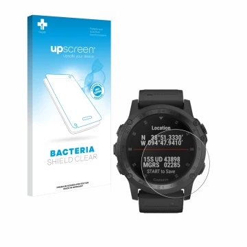 Parte frontal de un envase de producto con el logotipo de la marca upscreen. Al lado se muestra el dispositivo Garmin Tactix C