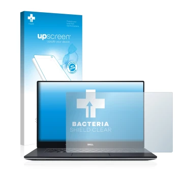 Parte frontal de un envase de producto con el logotipo de la marca upscreen. Al lado se muestra el dispositivo Dell XPS 15 956