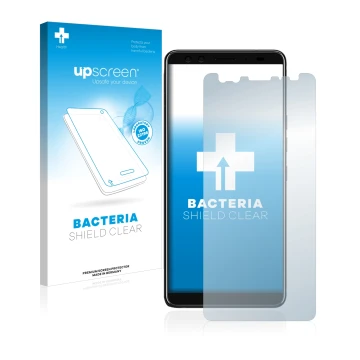 Parte frontal de un envase de producto con el logotipo de la marca upscreen. Al lado se muestra el dispositivo HTC U12 Plus co