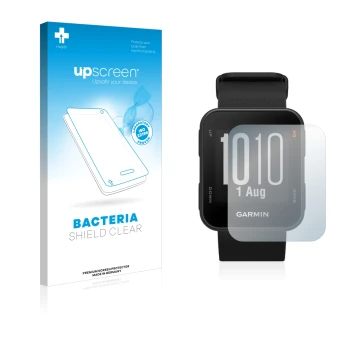 Parte frontal de un envase de producto con el logotipo de la marca upscreen. Al lado se muestra el dispositivo Garmin Approach