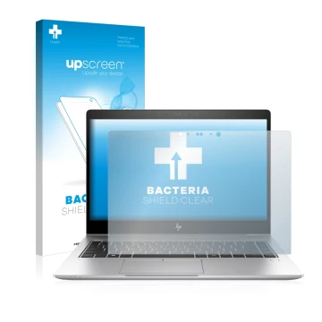 Parte frontal de un envase de producto con el logotipo de la marca upscreen. Al lado se muestra el dispositivo HP EliteBook 84