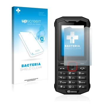 Parte frontal de un envase de producto con el logotipo de la marca upscreen. Al lado se muestra el dispositivo Crosscall Spide