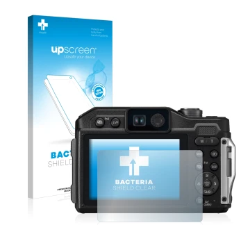 Parte frontal de un envase de producto con el logotipo de la marca upscreen. Al lado se muestra el dispositivo Panasonic Lumix