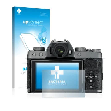 Parte frontal de un envase de producto con el logotipo de la marca upscreen. Al lado se muestra el dispositivo Fujifilm X-T100