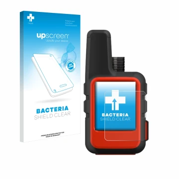 Parte frontal de un envase de producto con el logotipo de la marca upscreen. Al lado se muestra el dispositivo Garmin inReach 