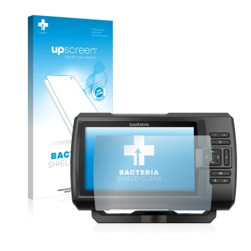 Parte frontal de un envase de producto con el logotipo de la marca upscreen. Al lado se muestra el dispositivo Garmin Striker 