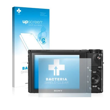 Parte frontal de un envase de producto con el logotipo de la marca upscreen. Al lado se muestra el dispositivo Sony Cyber-Shot