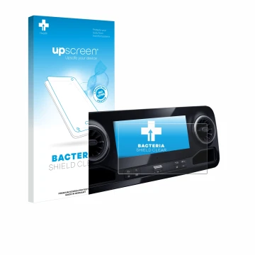 Parte frontal de un envase de producto con el logotipo de la marca upscreen. Al lado se muestra el dispositivo Mercedes-Benz S