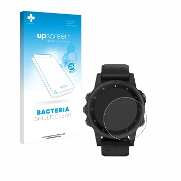 Parte frontal de un envase de producto con el logotipo de la marca upscreen. Al lado se muestra el dispositivo Garmin Fenix 5S