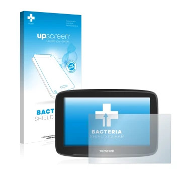 Parte frontal de un envase de producto con el logotipo de la marca upscreen. Al lado se muestra el dispositivo TomTom GO Basic