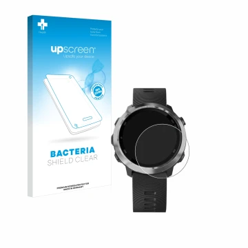 Parte frontal de un envase de producto con el logotipo de la marca upscreen. Al lado se muestra el dispositivo Garmin Forerunn