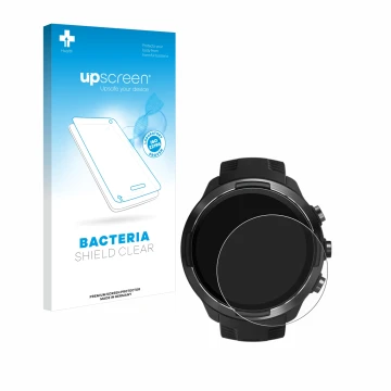 Parte frontal de un envase de producto con el logotipo de la marca upscreen. Al lado se muestra el dispositivo Suunto 9 con su