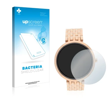 Parte frontal de un envase de producto con el logotipo de la marca upscreen. Al lado se muestra el dispositivo Xlyne X-Watch S