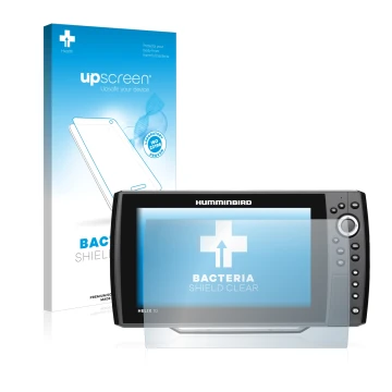 Parte frontal de un envase de producto con el logotipo de la marca upscreen. Al lado se muestra el dispositivo Humminbird Heli