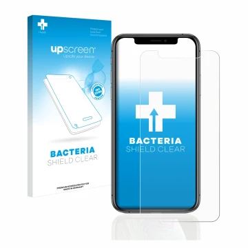 Parte frontal de un envase de producto con el logotipo de la marca upscreen. Al lado se muestra el dispositivo Apple iPhone Xs