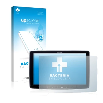 Parte frontal de un envase de producto con el logotipo de la marca upscreen. Al lado se muestra el dispositivo Alpine iLX-F903