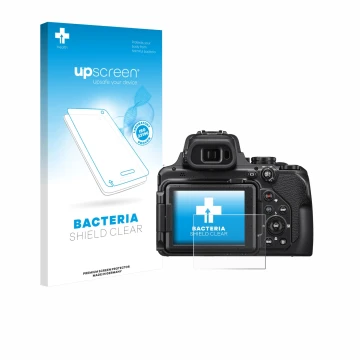 Parte frontal de un envase de producto con el logotipo de la marca upscreen. Al lado se muestra el dispositivo Nikon Coolpix P