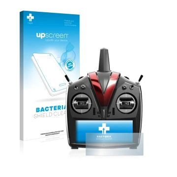 Parte frontal de un envase de producto con el logotipo de la marca upscreen. Al lado se muestra el dispositivo VBar Control To