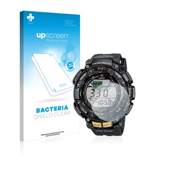 Parte frontal de un envase de producto con el logotipo de la marca upscreen. Al lado se muestra el dispositivo Casio Pro Trek 