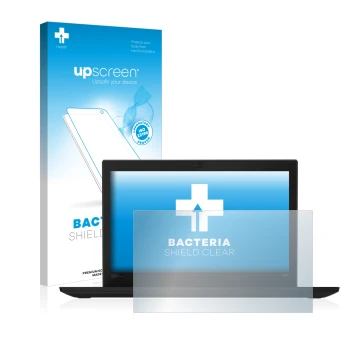 Parte frontal de un envase de producto con el logotipo de la marca upscreen. Al lado se muestra el dispositivo Lenovo Thinkpad