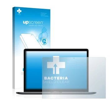 Parte frontal de un envase de producto con el logotipo de la marca upscreen. Al lado se muestra el dispositivo Apple MacBook P