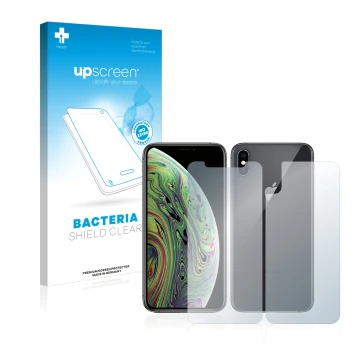 Parte frontal de un envase de producto con el logotipo de la marca upscreen. Al lado se muestra el dispositivo Apple iPhone Xs