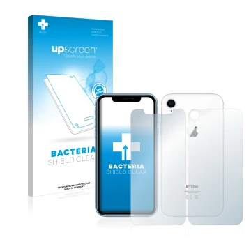 Parte frontal de un envase de producto con el logotipo de la marca upscreen. Al lado se muestra el dispositivo Apple iPhone XR