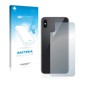 Parte frontal de un envase de producto con el logotipo de la marca upscreen. Al lado se muestra el dispositivo Apple iPhone Xs