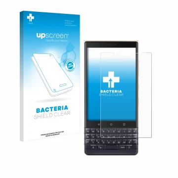 Parte frontal de un envase de producto con el logotipo de la marca upscreen. Al lado se muestra el dispositivo BlackBerry Key2