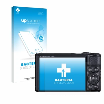 Parte frontal de un envase de producto con el logotipo de la marca upscreen. Al lado se muestra el dispositivo Canon PowerShot