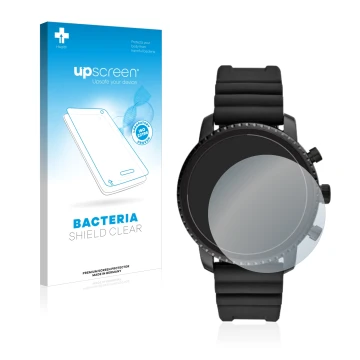 Parte frontal de un envase de producto con el logotipo de la marca upscreen. Al lado se muestra el dispositivo Fossil Q Explor