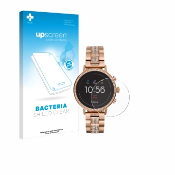 Parte frontal de un envase de producto con el logotipo de la marca upscreen. Al lado se muestra el dispositivo Fossil Q Ventur