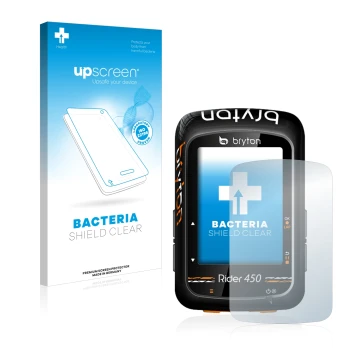 Parte frontal de un envase de producto con el logotipo de la marca upscreen. Al lado se muestra el dispositivo Bryton Rider 45