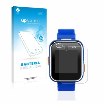 Parte frontal de un envase de producto con el logotipo de la marca upscreen. Al lado se muestra el dispositivo Vtech Kidizoom 