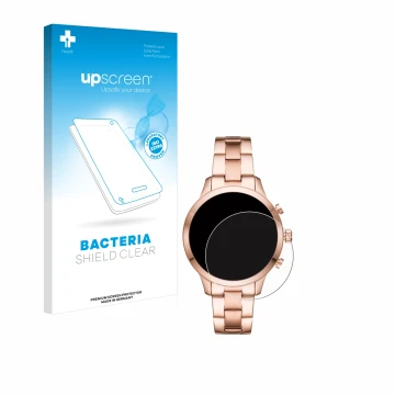 Parte frontal de un envase de producto con el logotipo de la marca upscreen. Al lado se muestra el dispositivo Michael Kors Ac