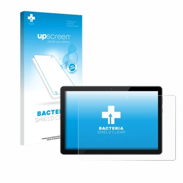 Parte frontal de un envase de producto con el logotipo de la marca upscreen. Al lado se muestra el dispositivo Huawei MediaPad