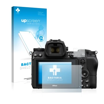 Parte frontal de un envase de producto con el logotipo de la marca upscreen. Al lado se muestra el dispositivo Nikon Z 7 con s