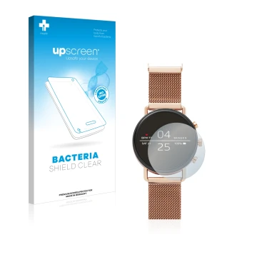 Parte frontal de un envase de producto con el logotipo de la marca upscreen. Al lado se muestra el dispositivo Skagen Smartwat