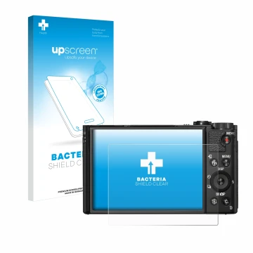 Parte frontal de un envase de producto con el logotipo de la marca upscreen. Al lado se muestra el dispositivo Sony Cyber-Shot