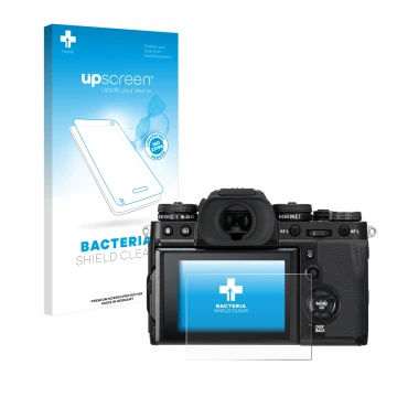 Parte frontal de un envase de producto con el logotipo de la marca upscreen. Al lado se muestra el dispositivo Fujifilm X-T3 c