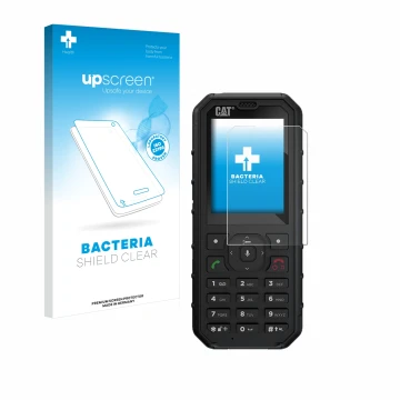 Parte frontal de un envase de producto con el logotipo de la marca upscreen. Al lado se muestra el dispositivo Caterpillar Cat