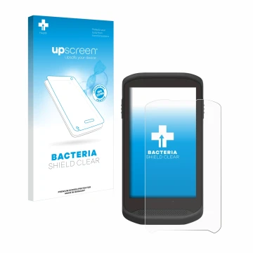 Parte frontal de un envase de producto con el logotipo de la marca upscreen. Al lado se muestra el dispositivo Zebra TC25 con 