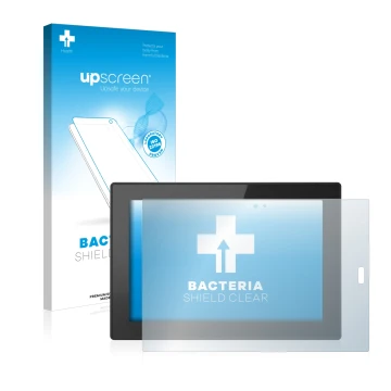 Parte frontal de un envase de producto con el logotipo de la marca upscreen. Al lado se muestra el dispositivo Lenovo Tablet 1